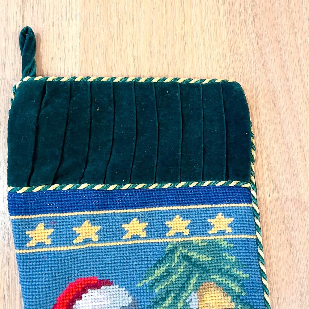 Vintage Lined Christmas Stocking Needlepoint Santa Presents Tree Velvet - Picture 2 of 8